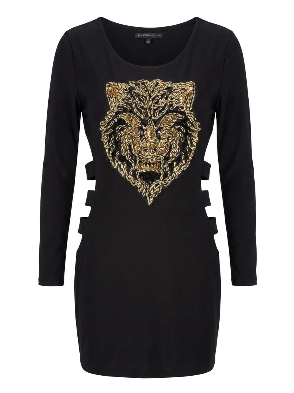 Symphony Black Long-Sleeve Mini Dress with Gold Embroidered Lion Head
